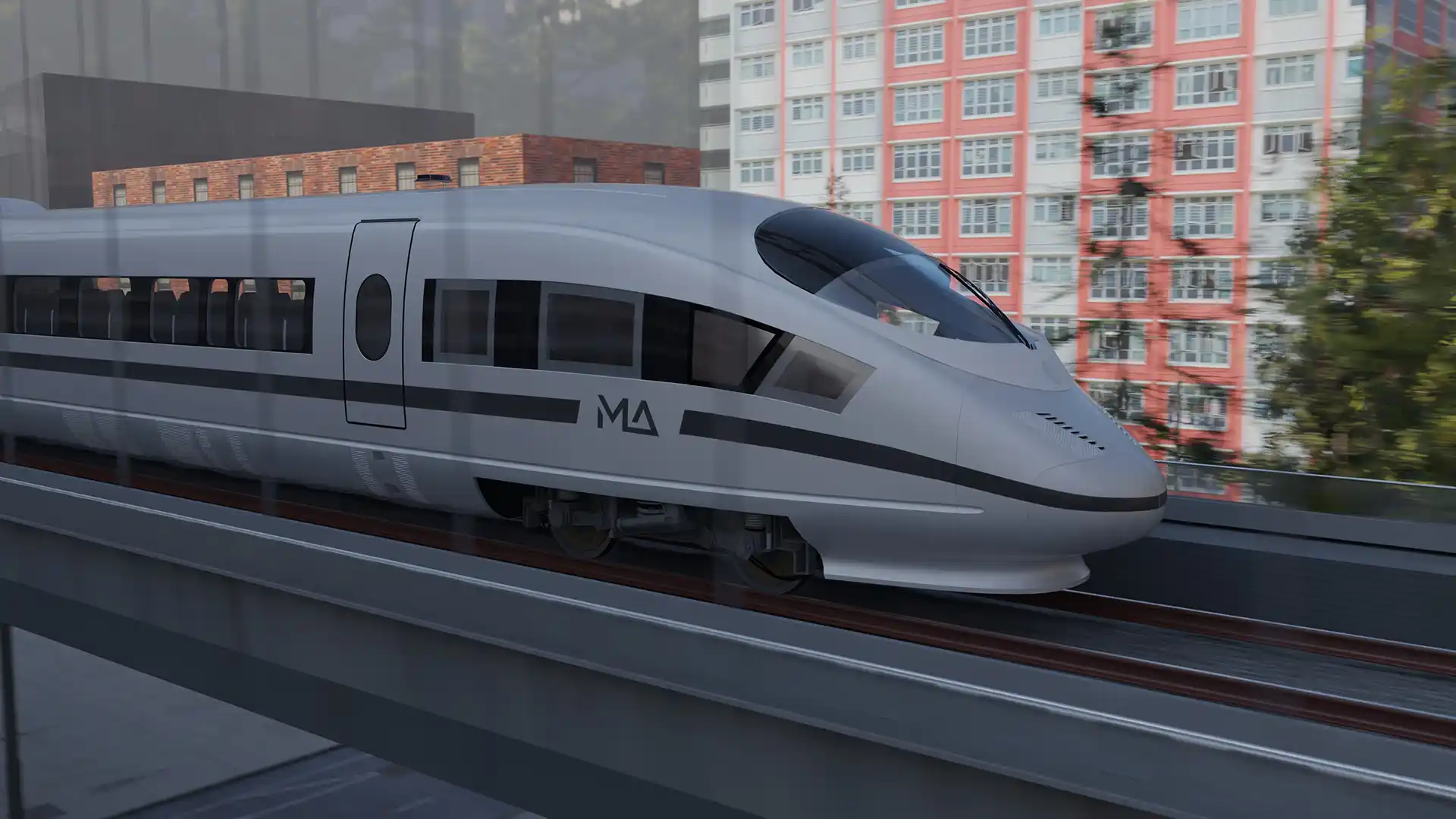 Modern high‑speed passenger train traveling on an elevated track through an urban area, with residential buildings visible in the background.