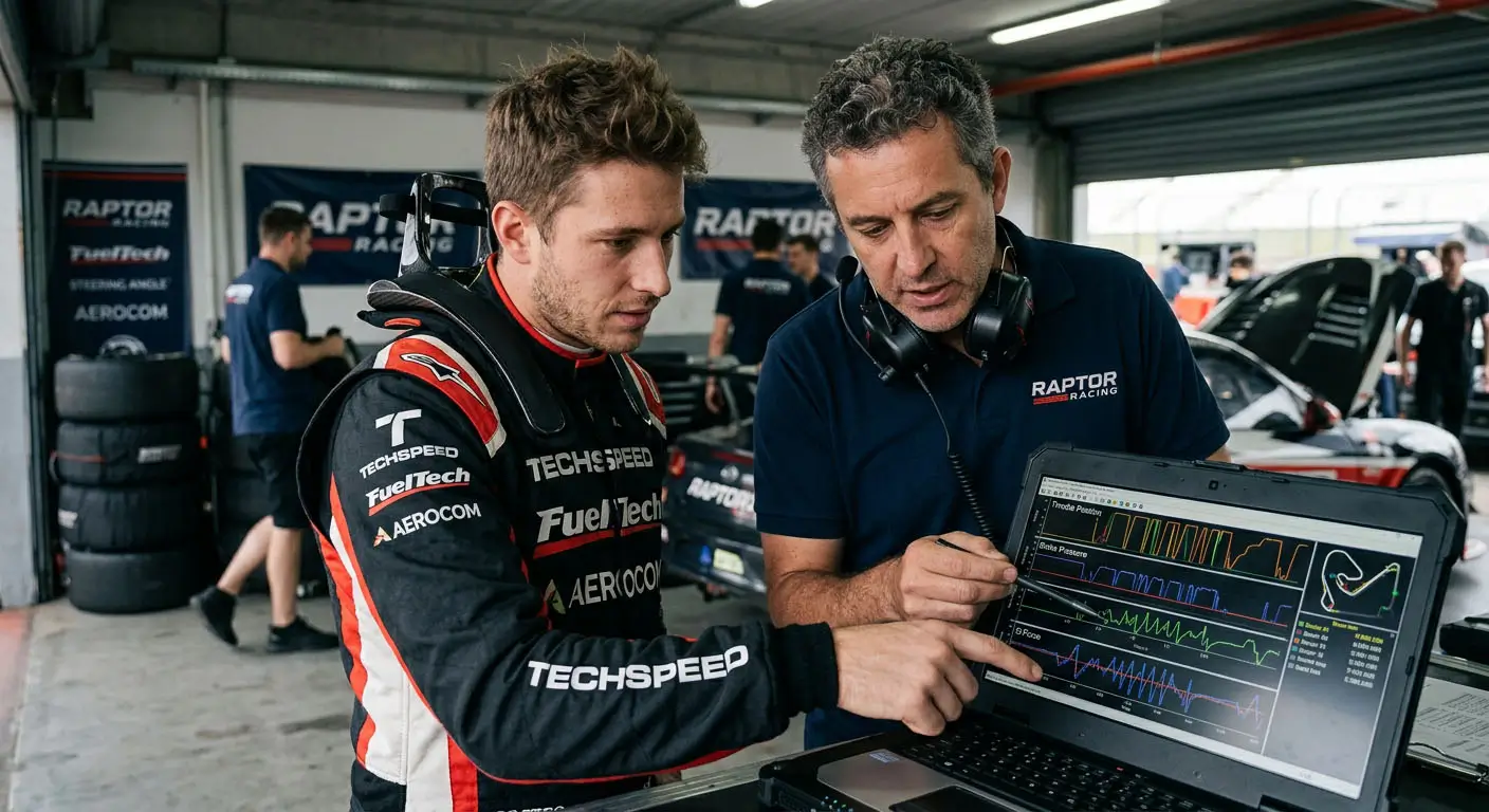 Race team engineer and driver reviewing telemetry data on a laptop in a garage, with performance graph overlay.