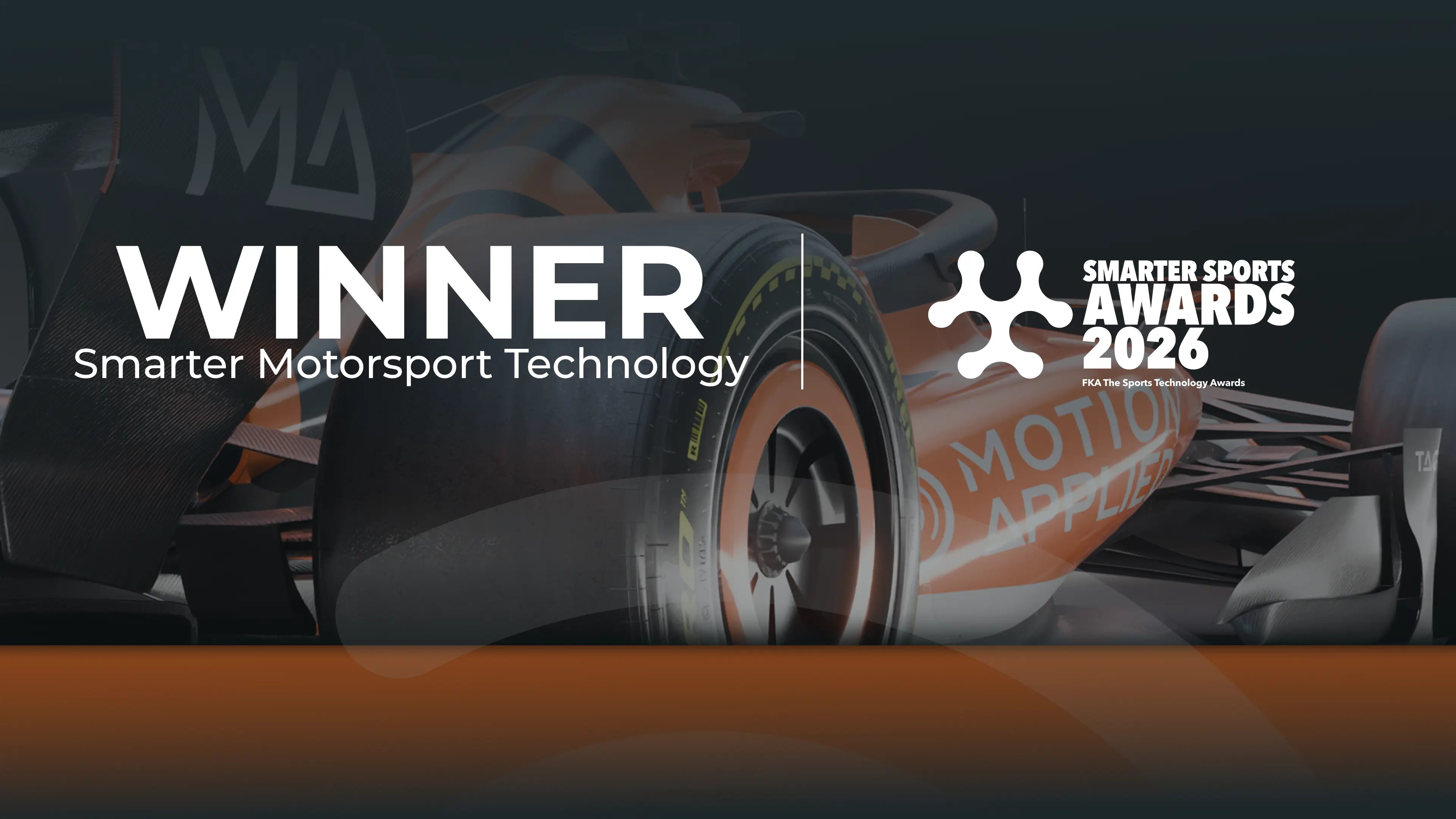 Formula 1 car behind text that says WINNER