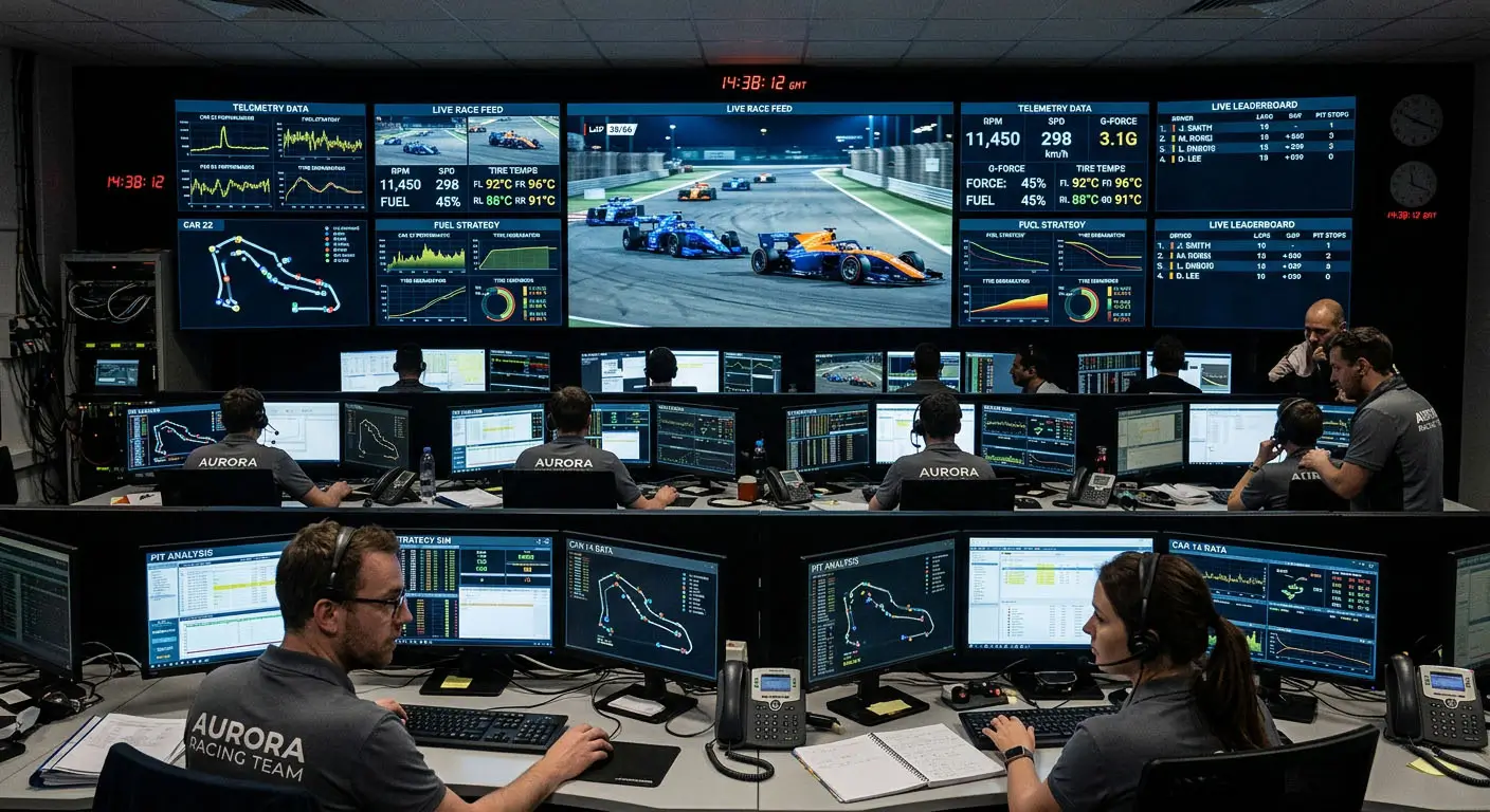 Control room with engineers monitoring live race telemetry across multiple screens, showing data charts, track maps, and race footage, with broadcast signal icon overlay.