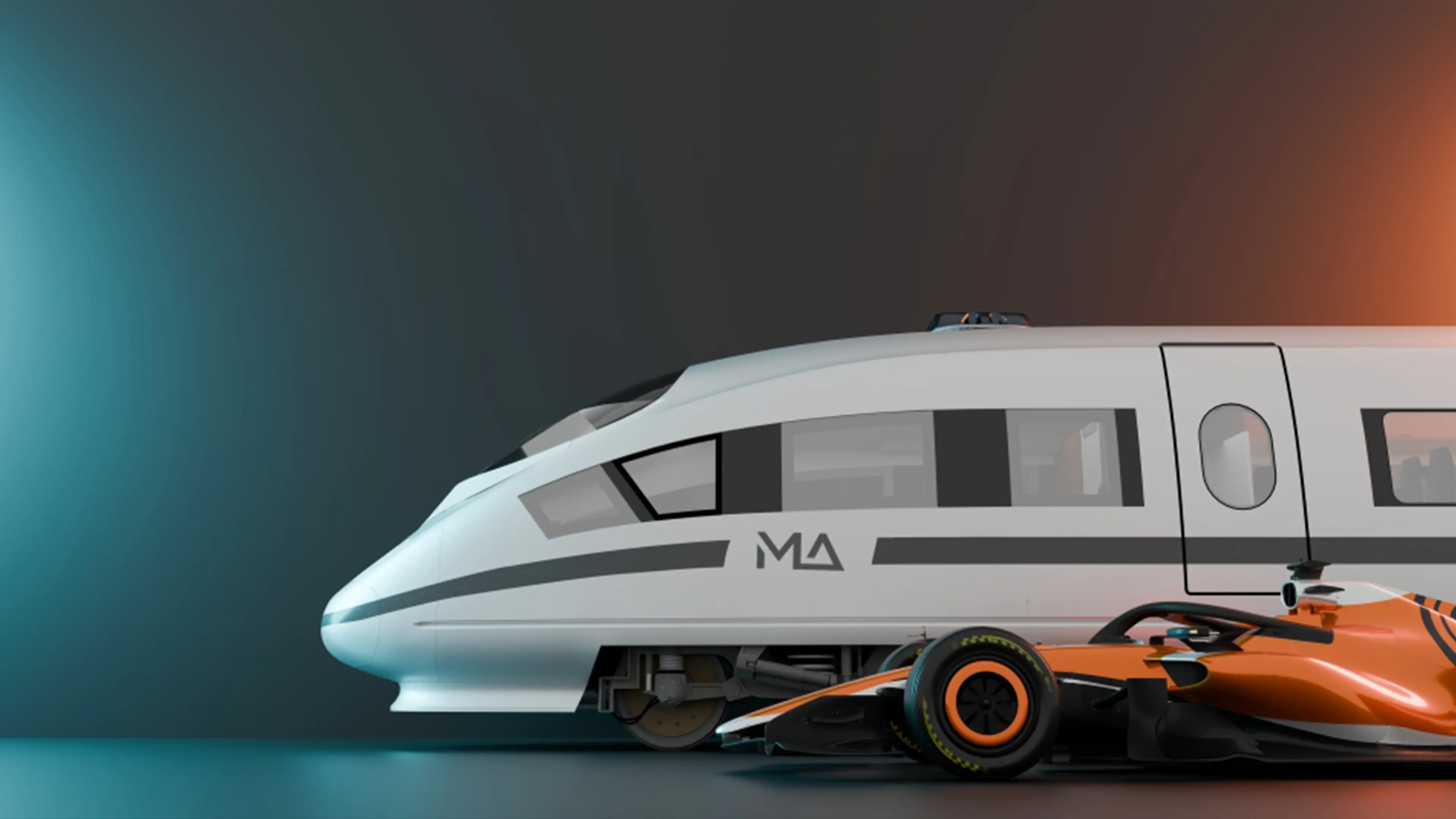 A train alongside a Formula 1 car against a blank background