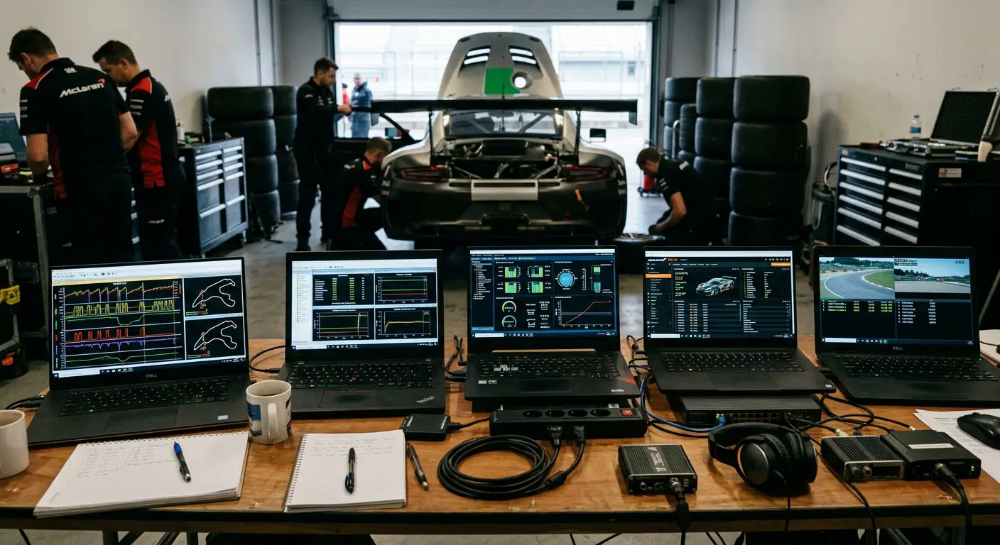Race car in a garage with engineers working, laptops displaying telemetry data in the foreground, overlaid with a connected data network icon.
