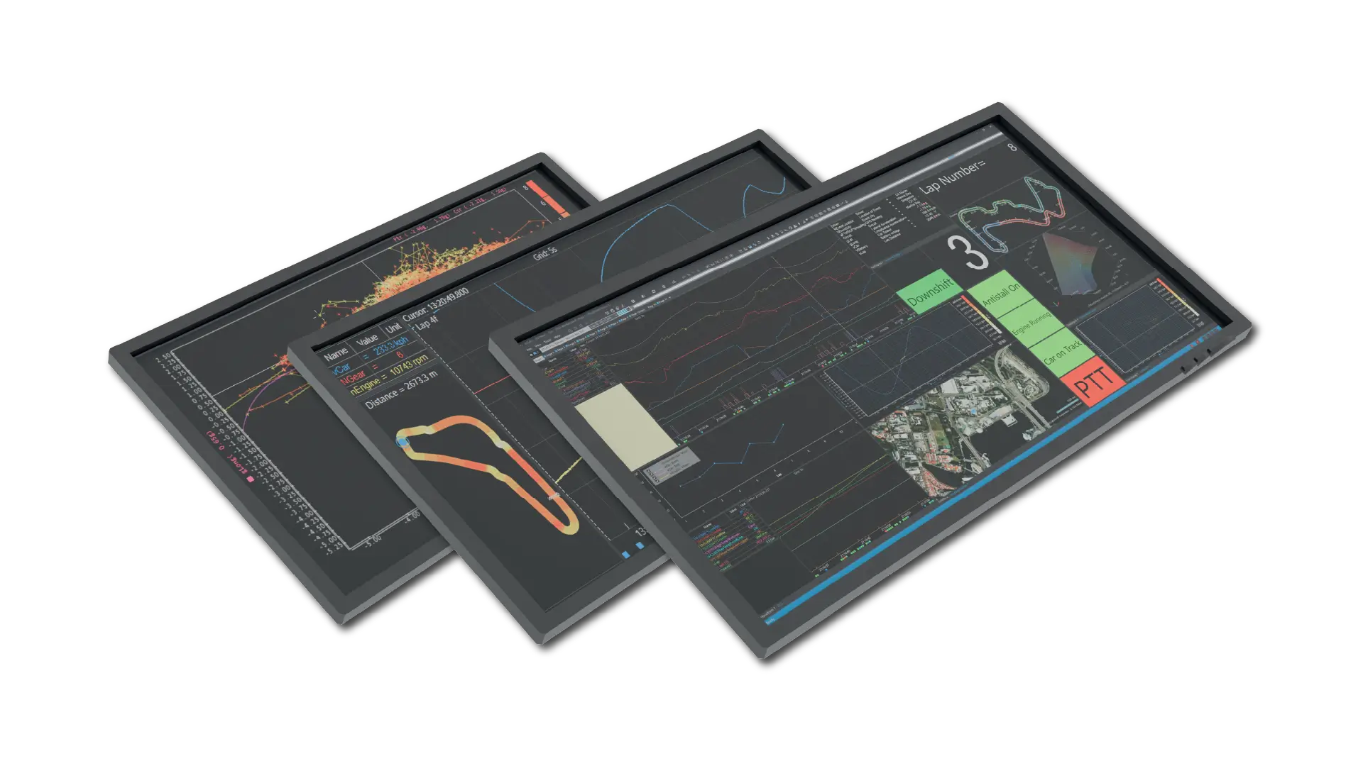 Close‑up of three angled computer screens displaying motorsport data analysis dashboards, including line graphs, telemetry traces, a coloured circuit track map, lap number indicator, sector status panels, and a satellite map overlay, all on a dark interface.